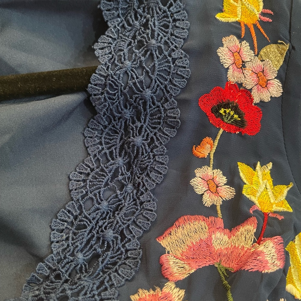 Floral Embroidered Navy Dress. Perfect for Wedding Guest. Sheer midriff. - Picture 6 of 7